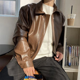 Threebooy Korean Streetwear Autumn Winter Men's Clothing Oversize Coat Loose Casual PU Leather Jacket Coat Male Zipper Lapel Clothes